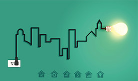 Electric cord city skyline and lightbulb